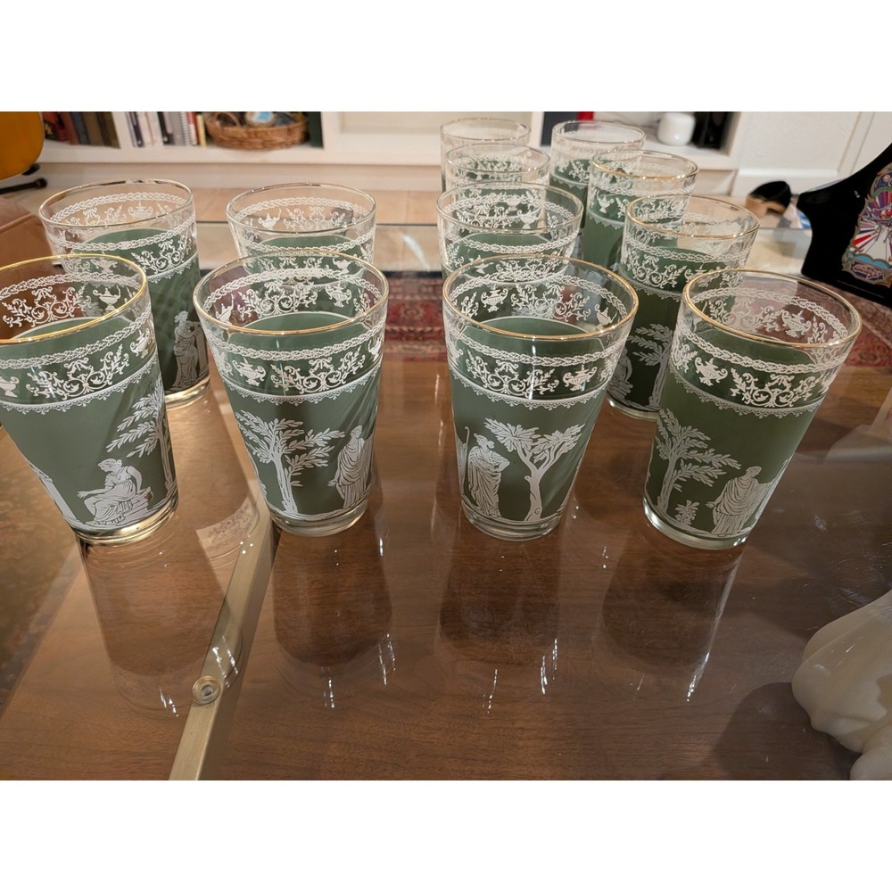 Lot Vintage Jeannette Hellenic Green Glasses Wedgwood Jasperware Style 6 sm 6 lg - Picture 6 of 13